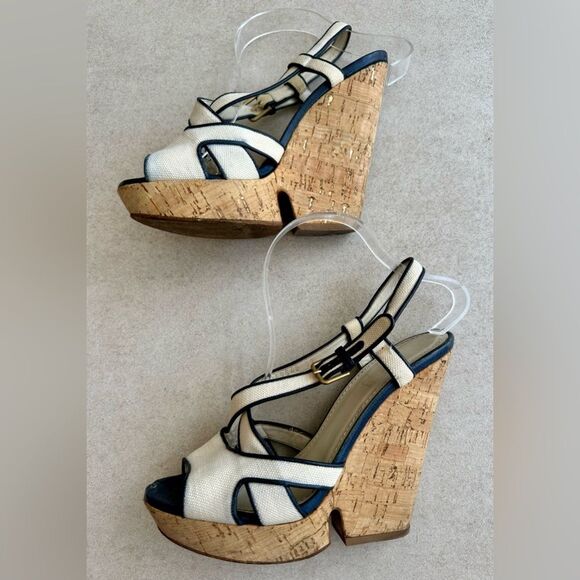 Yves Saint Laurent White/Navy Blue Canvas Deauville Cork Wedge Sandals Size 39 - Picture 7 of 10